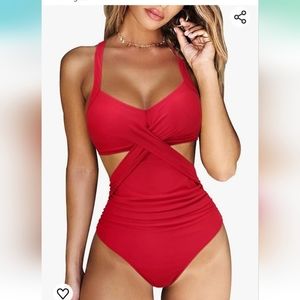 RXRXCOCO Women Front Cross Cutout One-Piece Swimsuit Tummy Control, medium